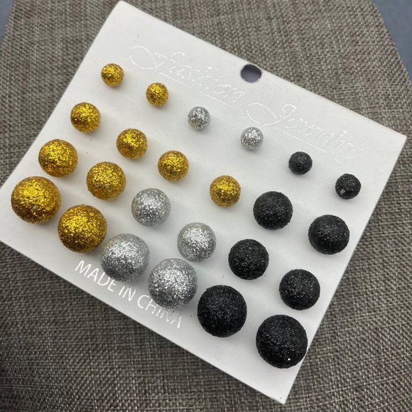 Stud pierced earring Lot Small Round Gold Silver Black Ball Sparkle Glitter Glam - Picture 2 of 5